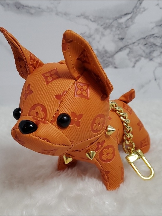 Accessories - Orange Monogram Dog Charm Keychain with Gold Hardware
